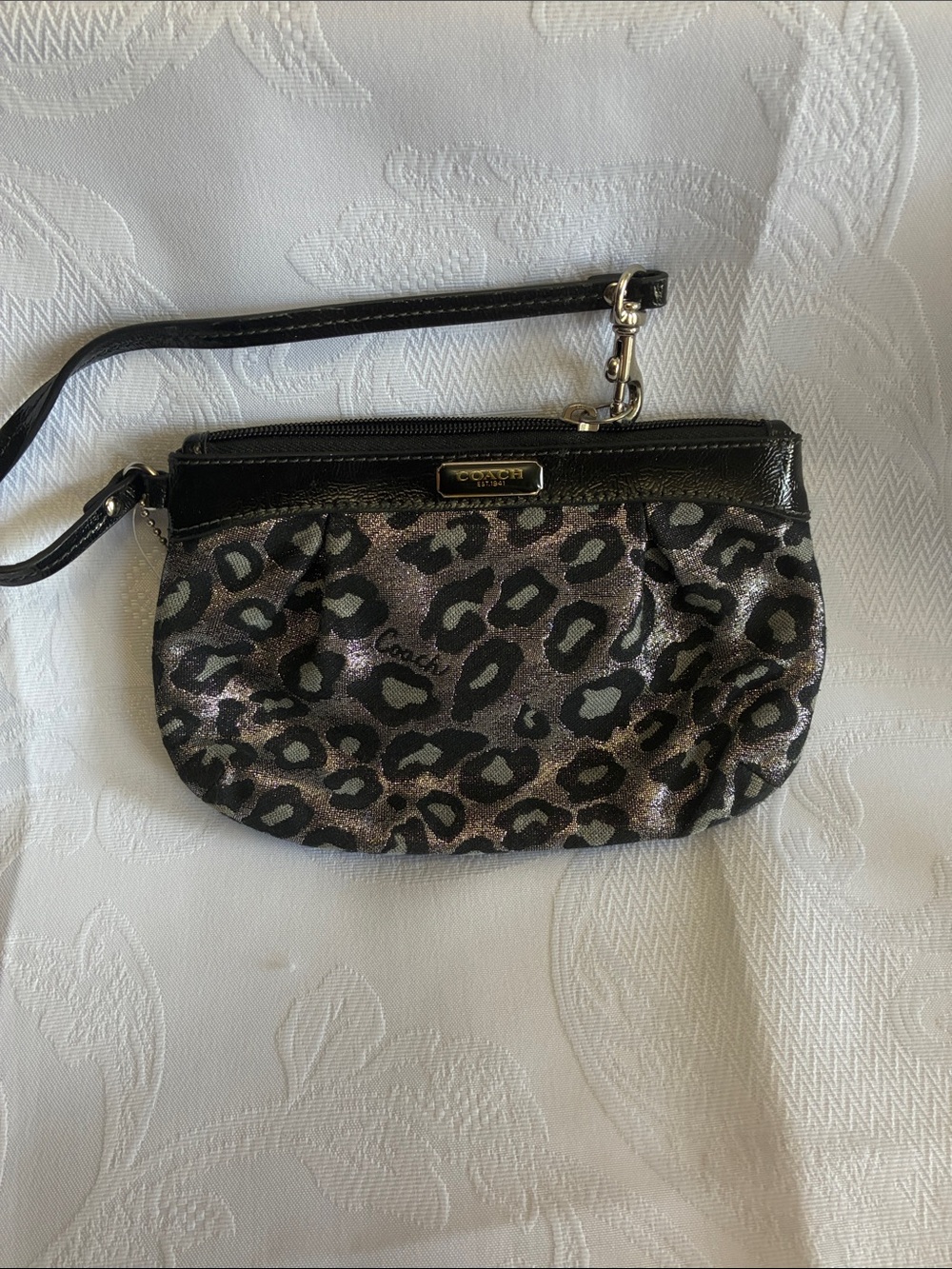 Coach Metallic Black and Gray Leopard Print Wristlet
